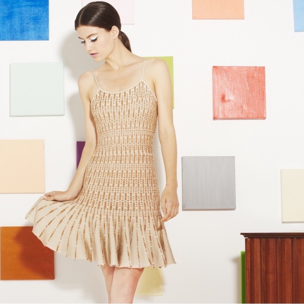 Alice + Olivia Beige Sequined Fit-and-Flare Dress